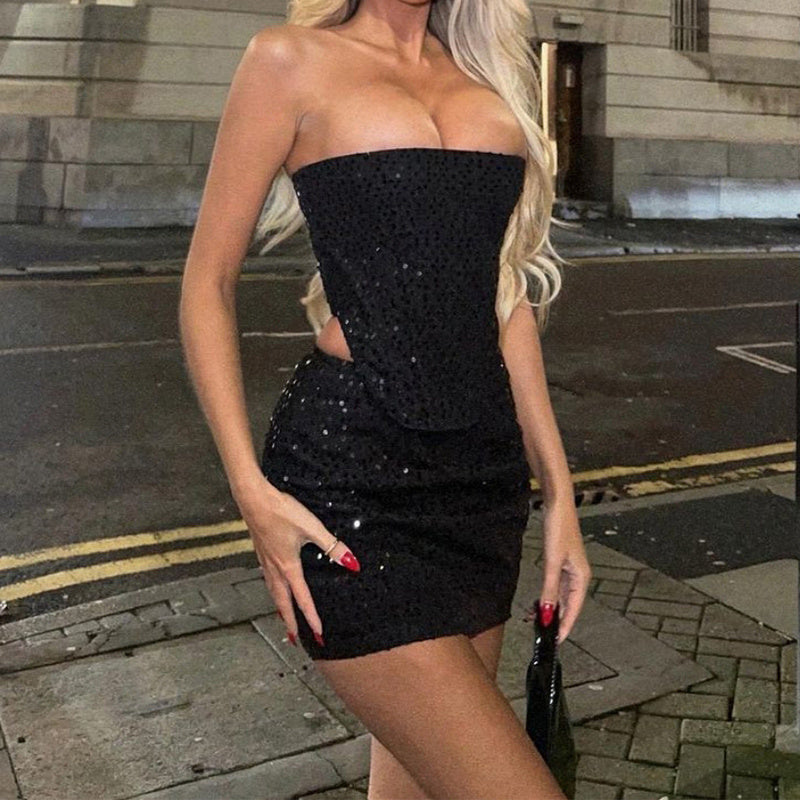 Anna – Denim Sequin Skirt Suit with Tube Top