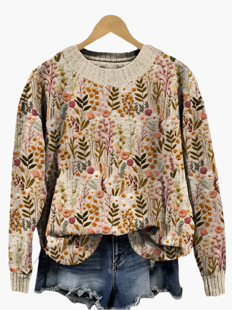 Women's Floral Pattern Relaxed Fit Sweater – Casual Boho Style