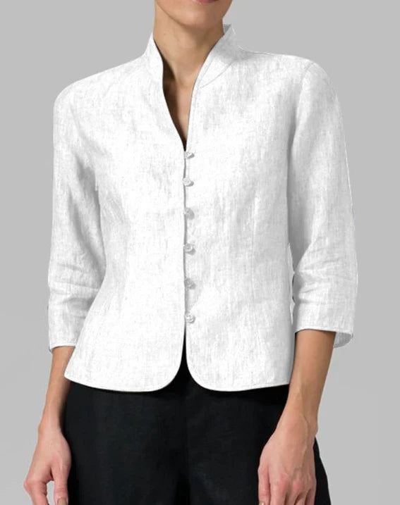 Women's Elegant Mandarin Collar Chambray Blouse for Versatile Occasions