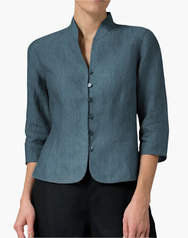 Women's Elegant Mandarin Collar Chambray Blouse for Versatile Occasions