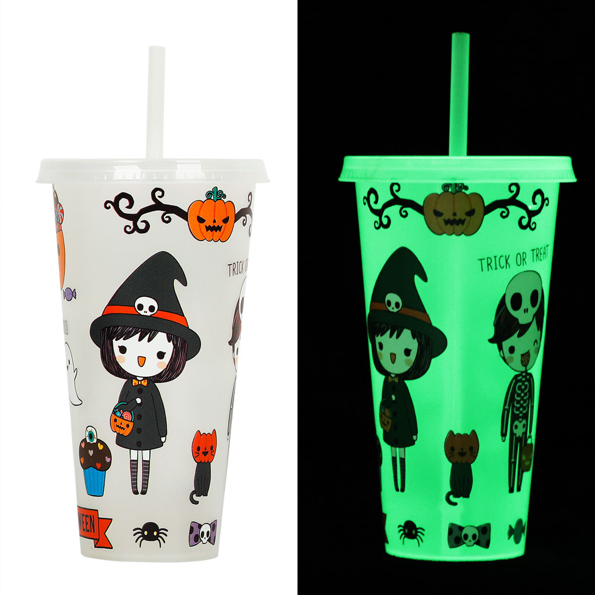 Halloween Glow-in-the-Dark Reusable Tumbler Cup with Straw – Spooky Party Drinkware