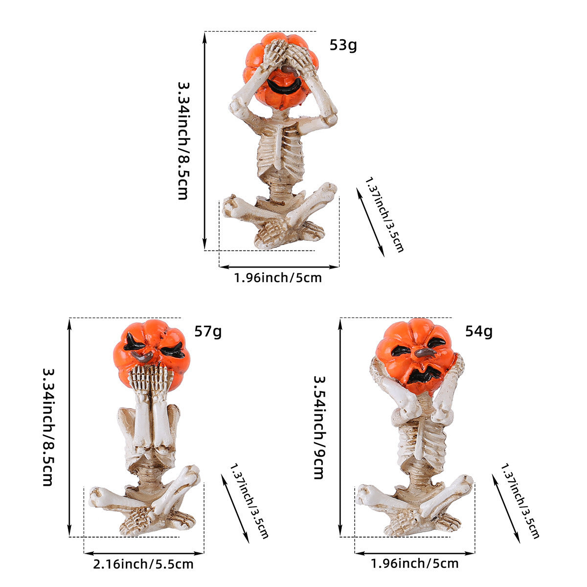 Halloween Pumpkin Head Skeleton Figurine Set - Spooky Party Decoration (3 Pieces)