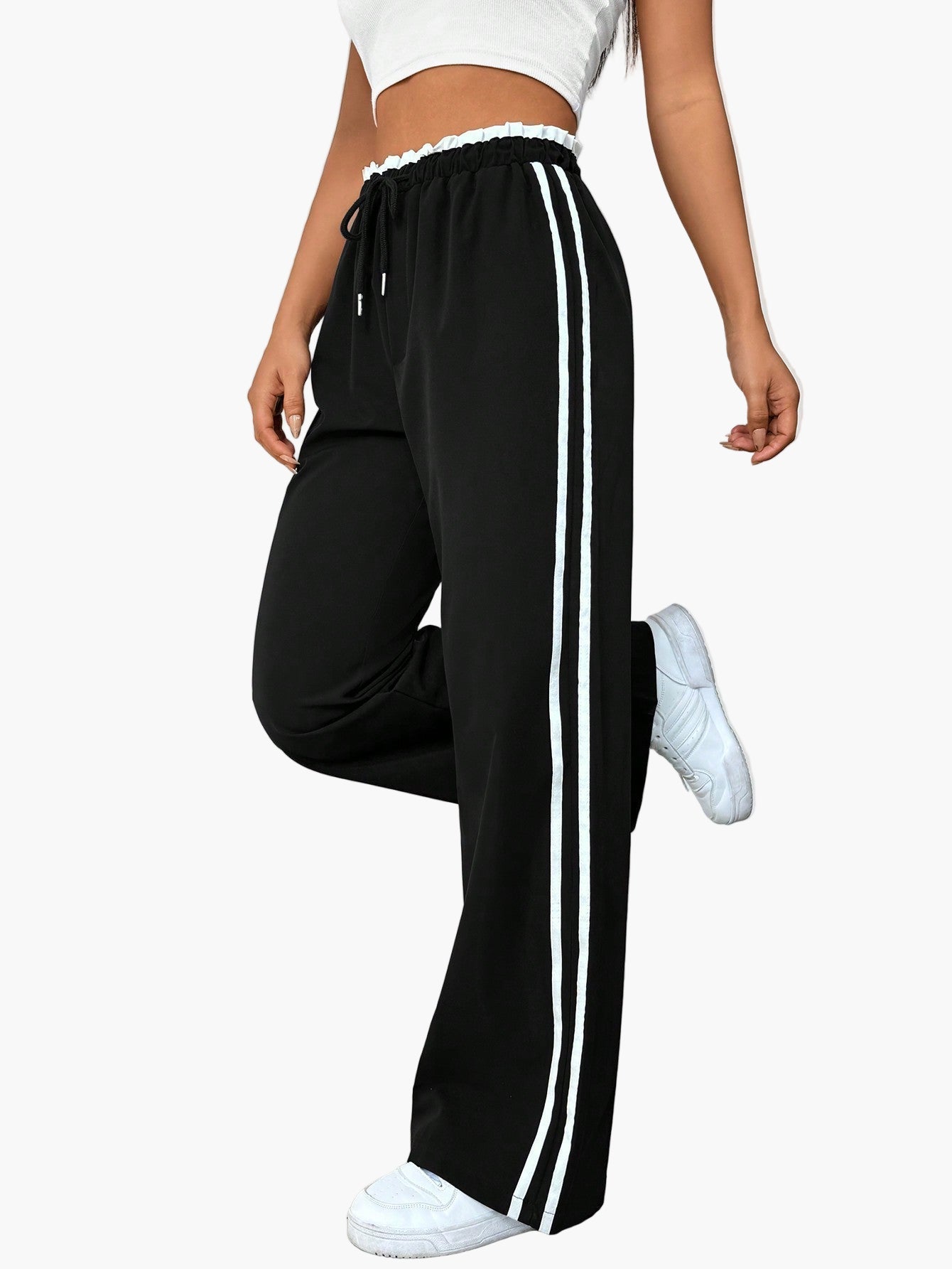 Women's Sporty Wide-Leg Pants with Double Stripe – Casual Streetwear, Relaxed Fit