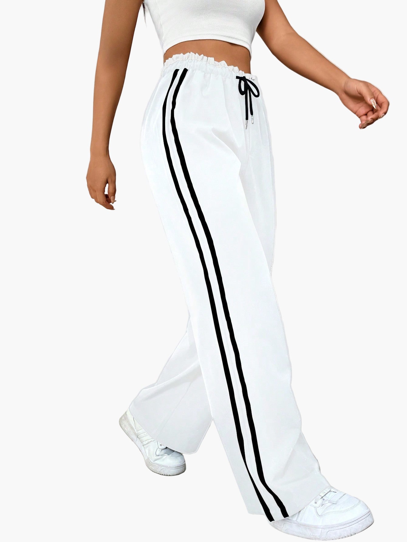Women's Sporty Wide-Leg Pants with Double Stripe – Casual Streetwear, Relaxed Fit