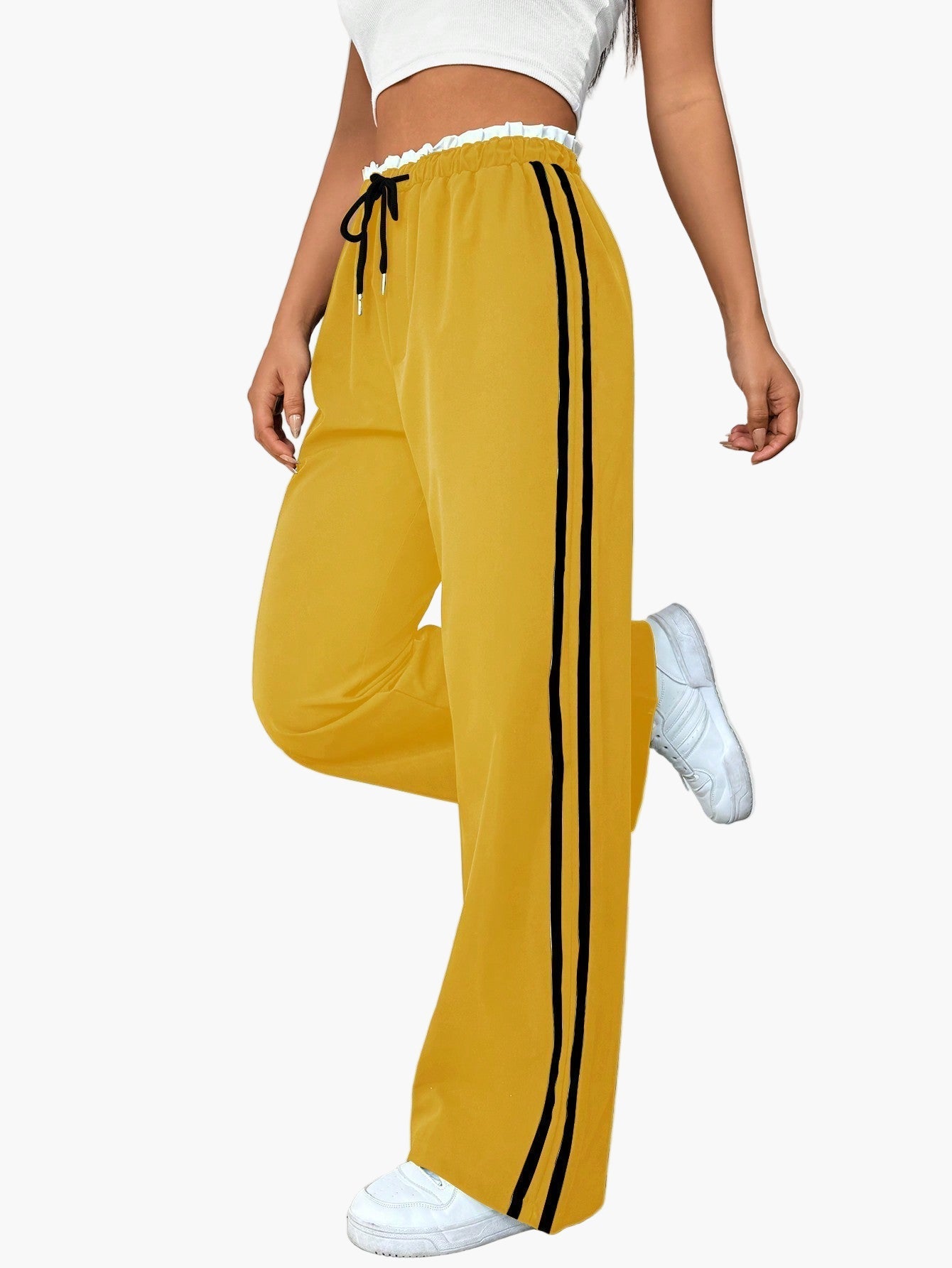 Women's Sporty Wide-Leg Pants with Double Stripe – Casual Streetwear, Relaxed Fit