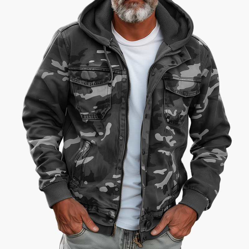 Men's Outdoor Cargo Jacket Urban Camouflage Style with Hood