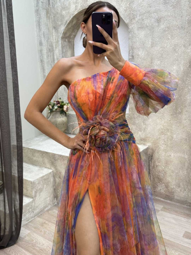 Women’s One-Shoulder Evening Gown – Elegant High-Slit Floral Design