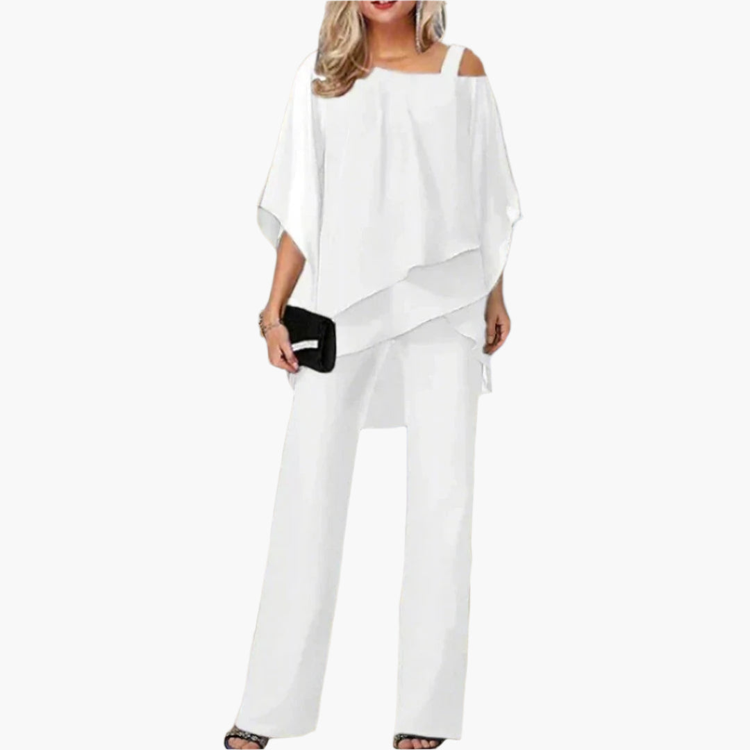Women's Elegant Off-Shoulder Chiffon Pants Set – Modern Formal Occasion Outfit