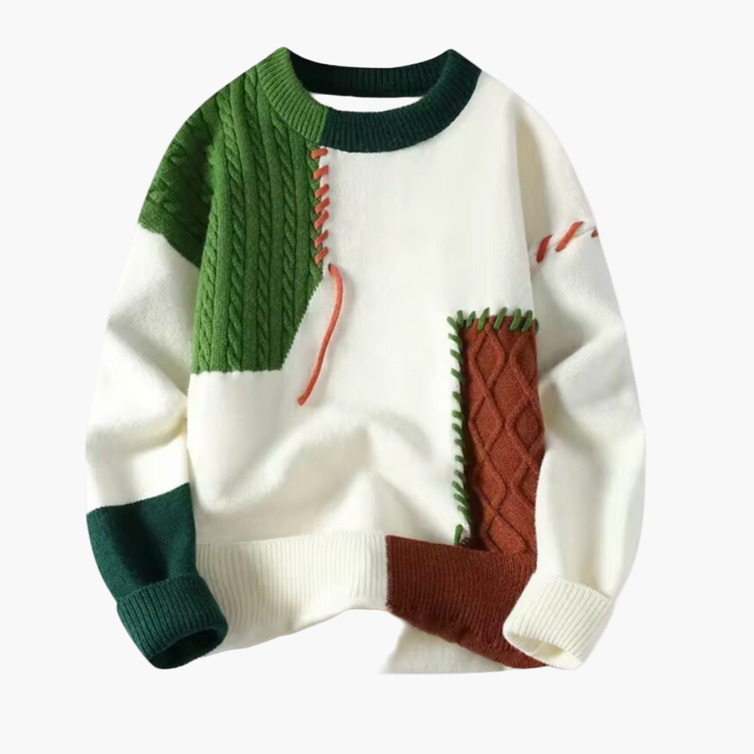 Men's Premium Merino Wool Patchwork Sweater – Modern Knitted Pullover for Autumn and Winter