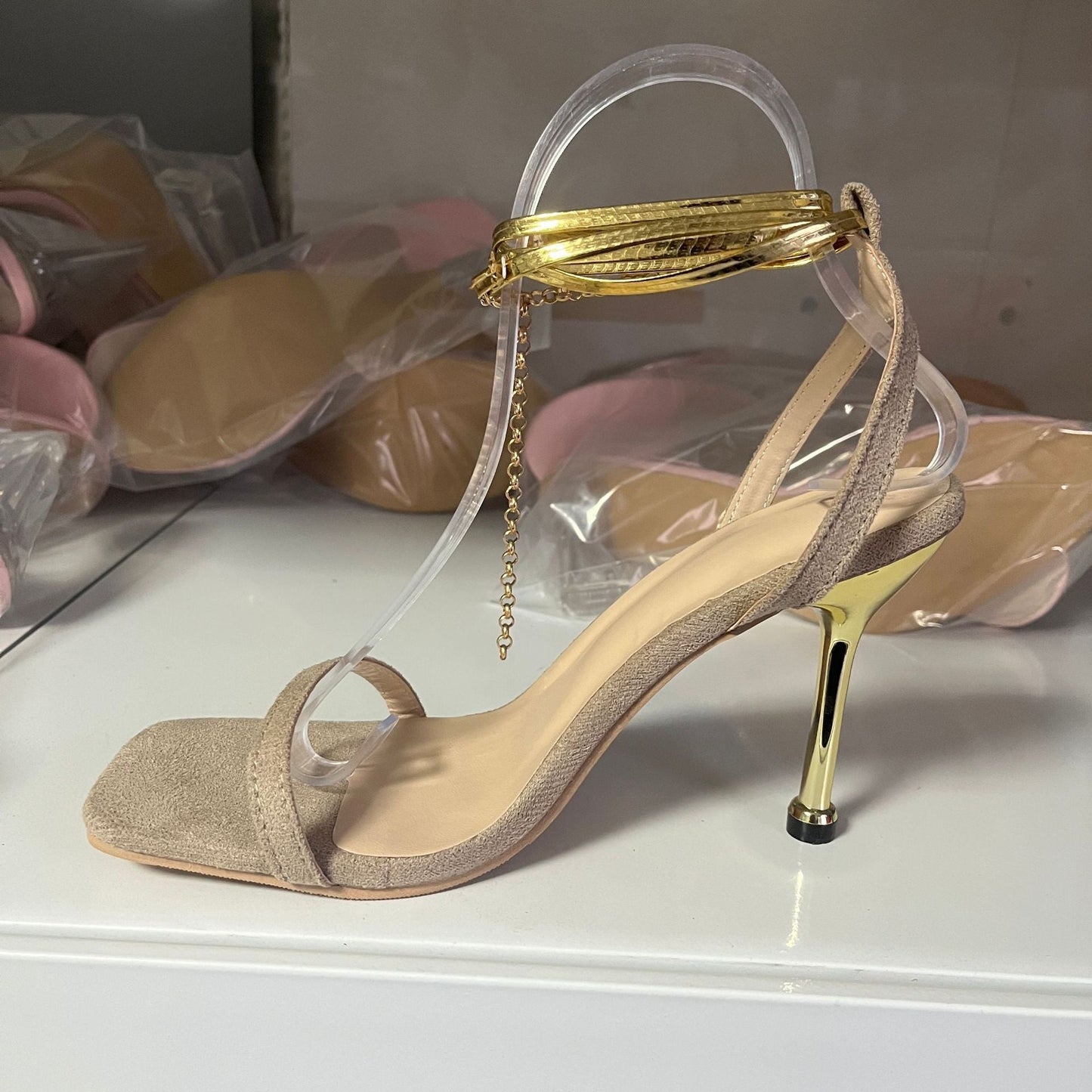 Women’s Stiletto Heel Sandals with Ankle Wrap and Chain Detail