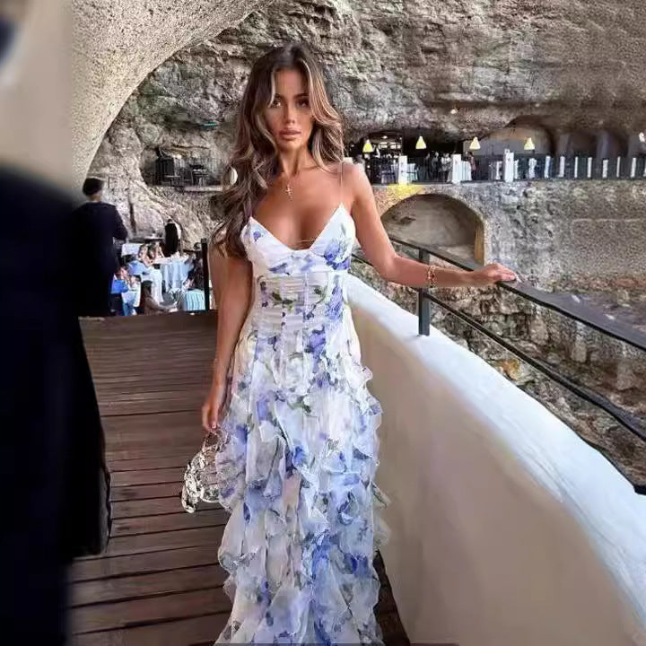 Women's Elegant Floral Ruffle Maxi Dress for Evening and Special Occasions