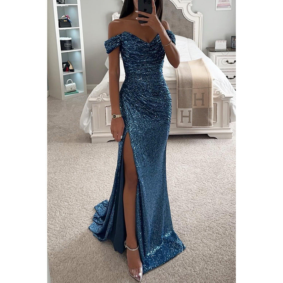 Women’s Off-Shoulder Sequin Gown with High Slit for Formal Evenings