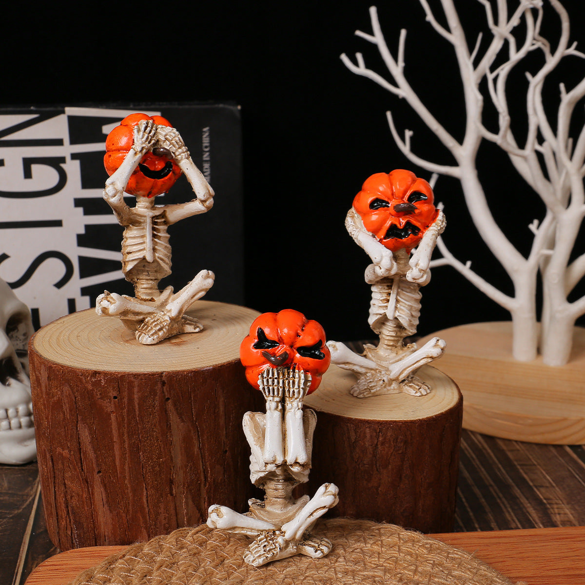 Halloween Pumpkin Head Skeleton Figurine Set - Spooky Party Decoration (3 Pieces)