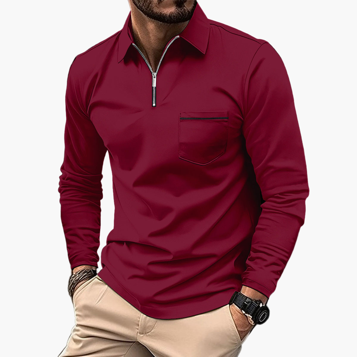 Men's Classic Long Sleeve Polo Shirt with Chest Pocket – Smart Casual Style