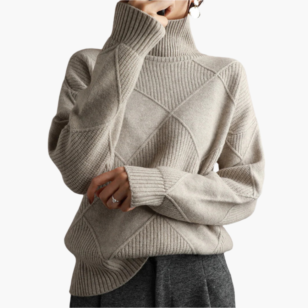 Women's Modern Geometric Knit Turtleneck Sweater - Relaxed Chic Pullover for Everyday Style