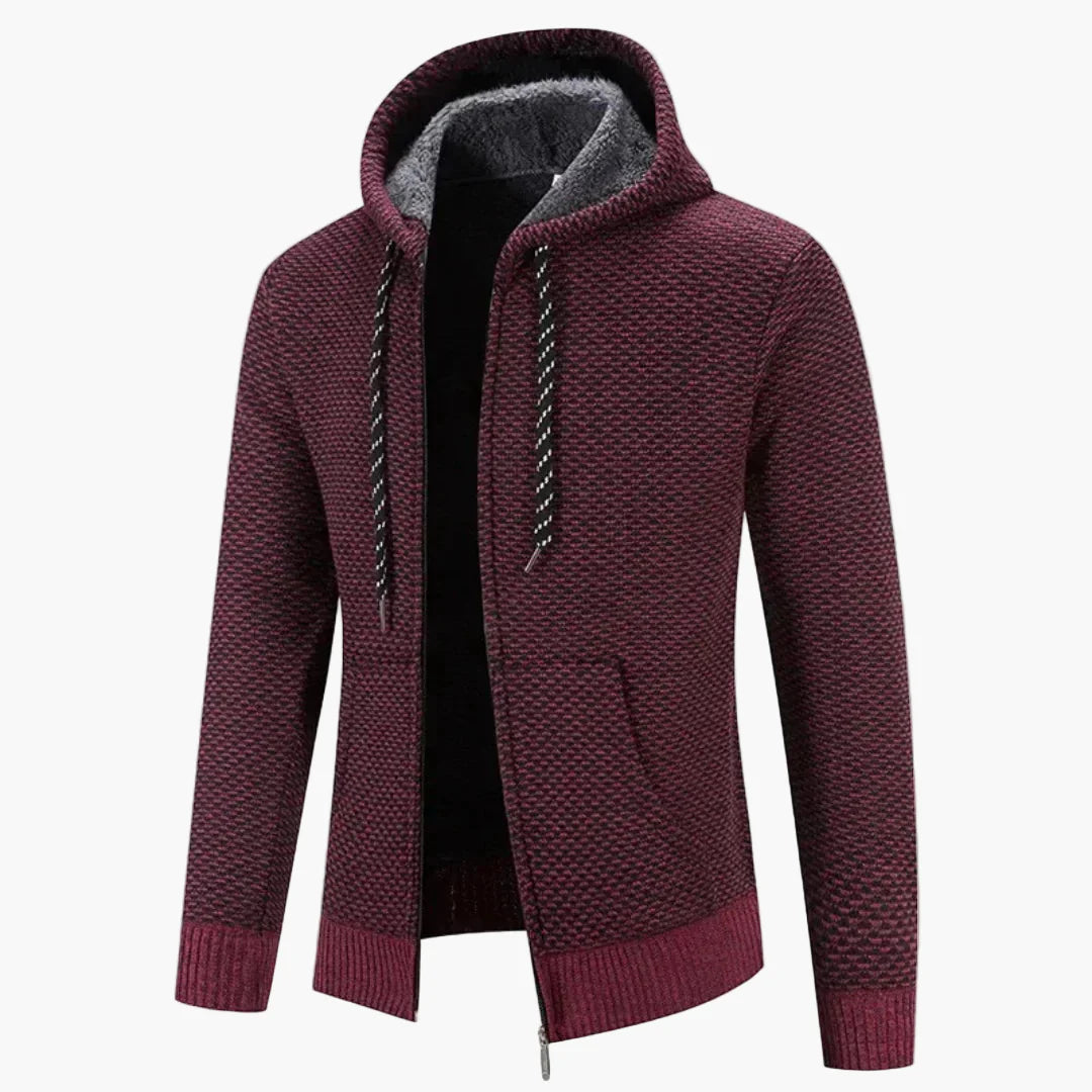 Men's Knitted Zip-Up Hoodie Jacket with Fleece Lining – Casual Winter Cardigan