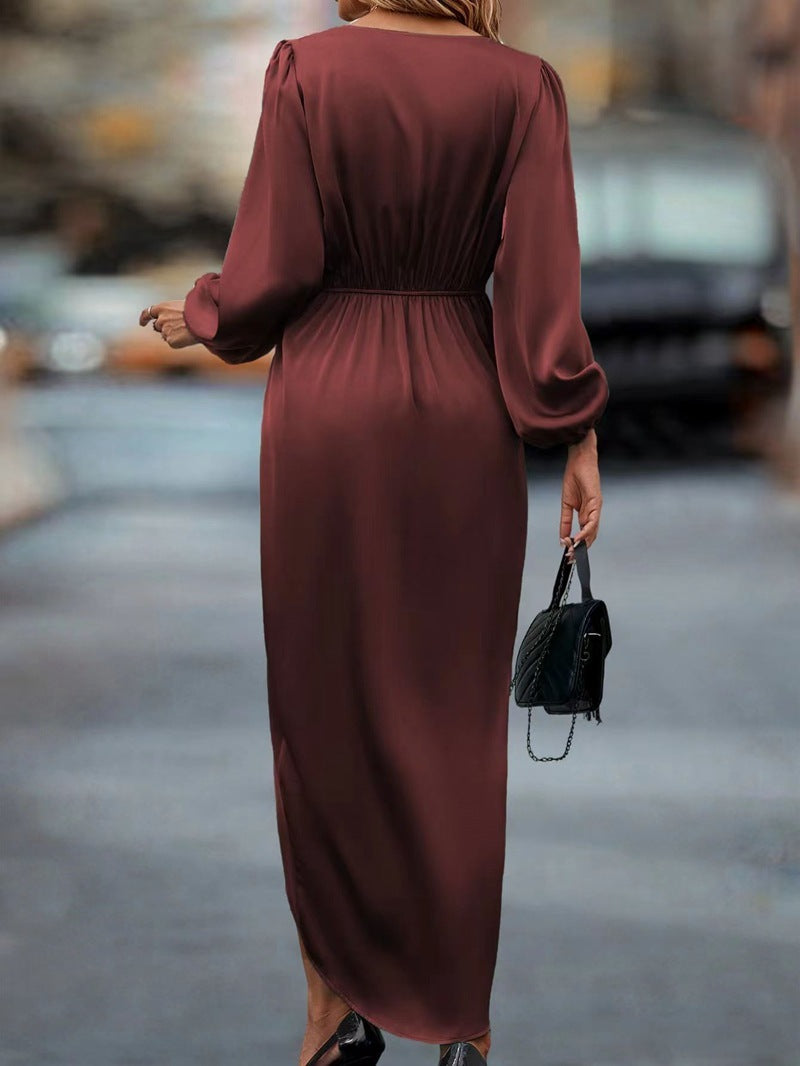 Elegant Women's V-Neck Satin Maxi Dress with Long Bell Sleeves and Front Slit for Summer