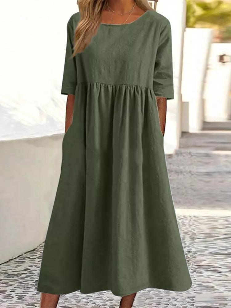 Katy – Fashion Casual Cotton Linen Short Sleeve Pocket Dress
