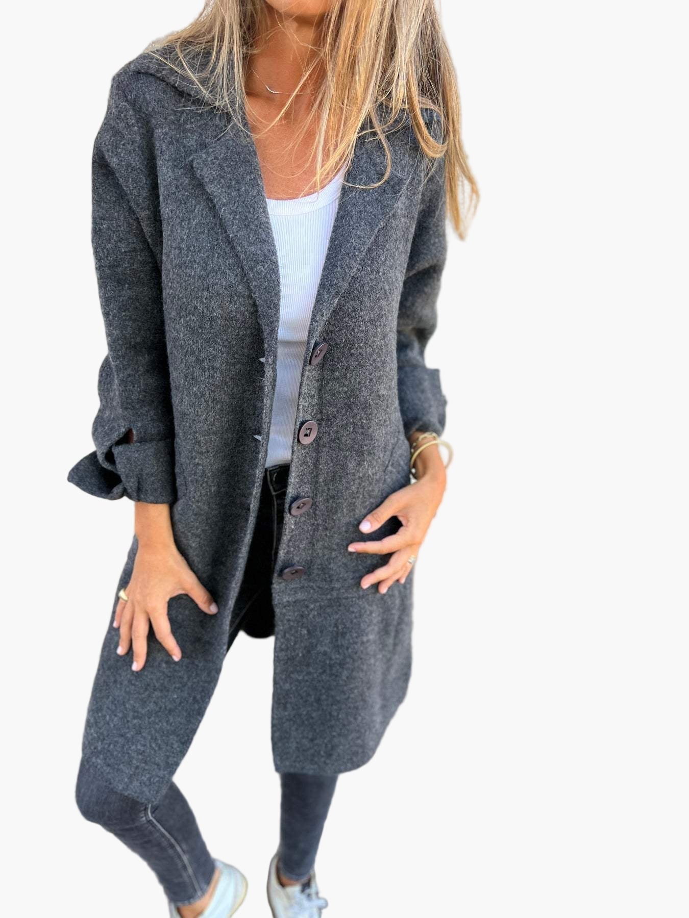 Women's Casual Long Coat with Turn-Up Sleeves – Elegant Everyday Statement Outerwear
