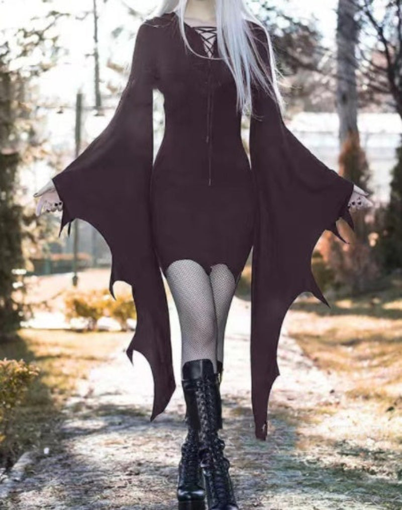 Women's Halloween Gothic Witch Bat Wing Costume Dress – Spooky Party & Cosplay Outfit