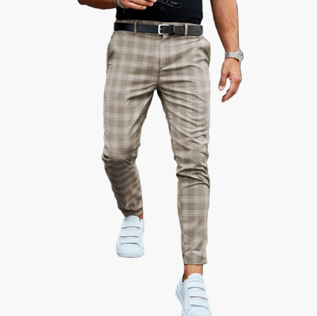 Men's Stretchy Checkered Chino Pants – Modern Slim Fit Business Casual Trousers