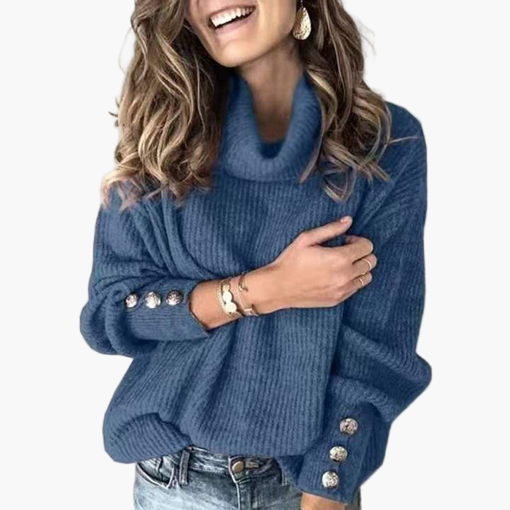 Women's Cozy Turtleneck Pullover Sweater with Button Sleeve Design for Casual Style