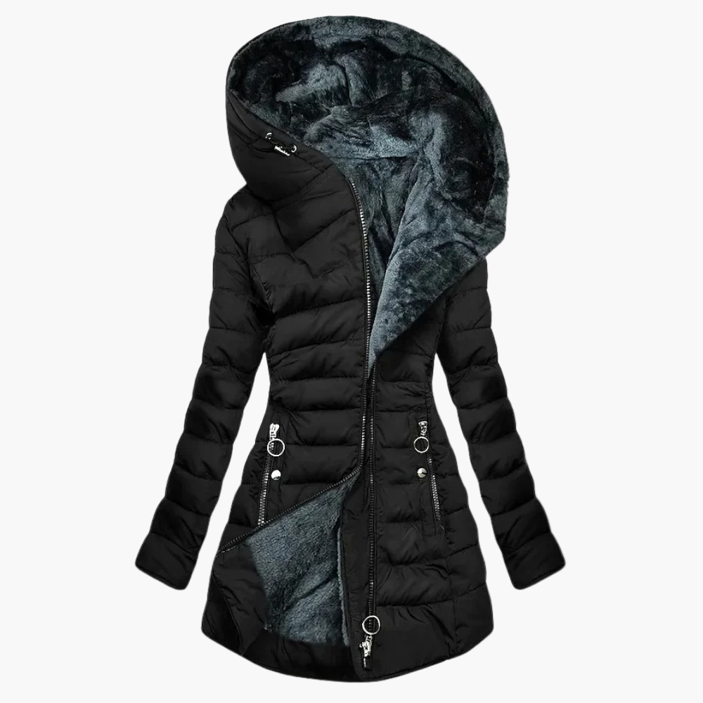 Women's Elegant Plush Winter Coat – Long Quilted Hooded Puffer Jacket for Cold Weather