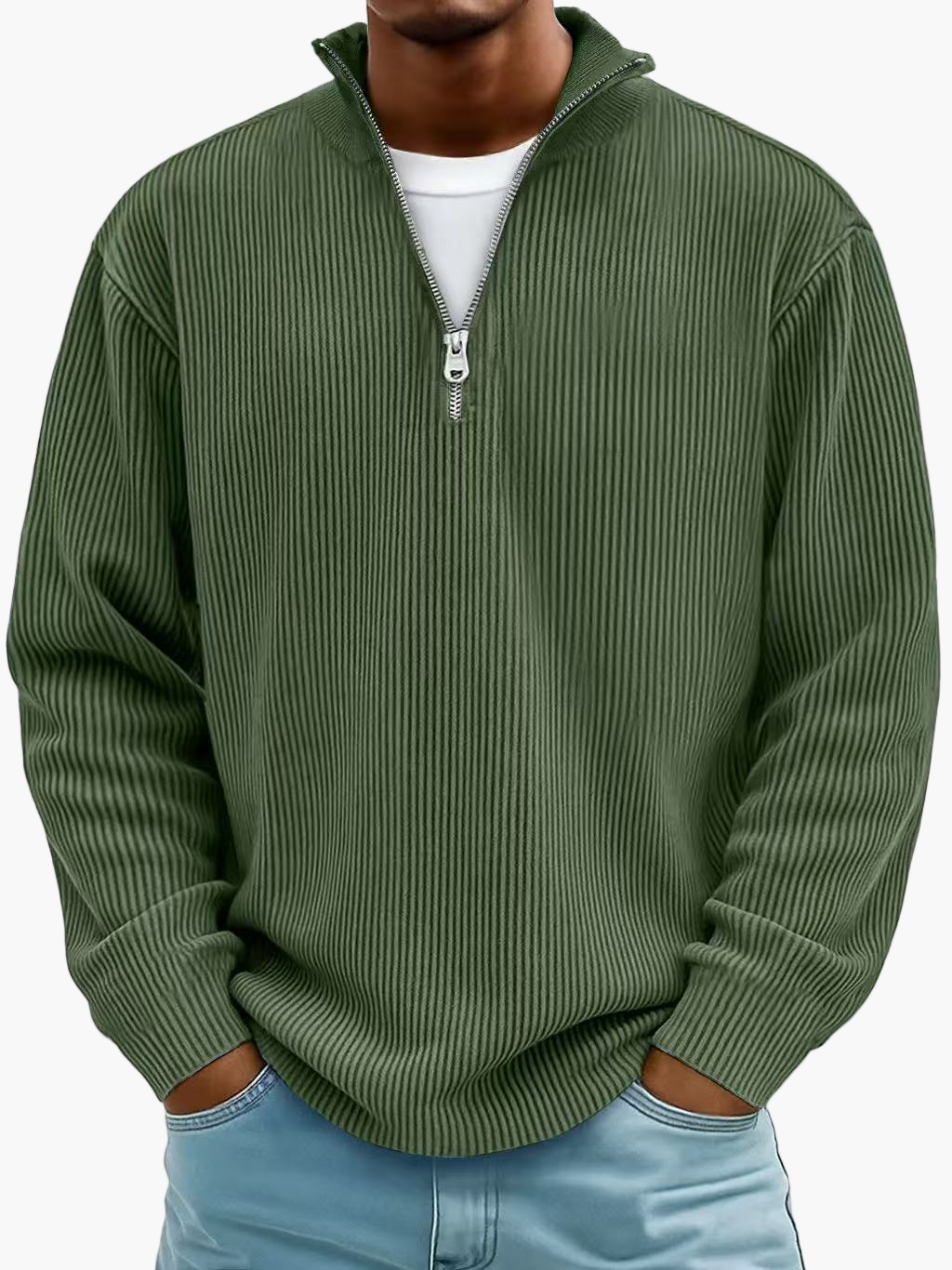 Men's Casual Half-Zip Ribbed Sweater – Modern Relaxed Fit Pullover for Layering