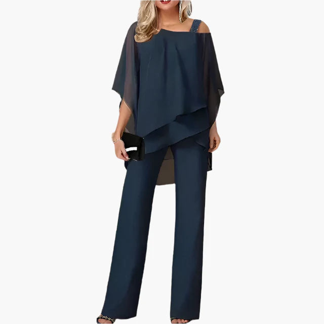 Women's Elegant Off-Shoulder Chiffon Pants Set – Modern Formal Occasion Outfit