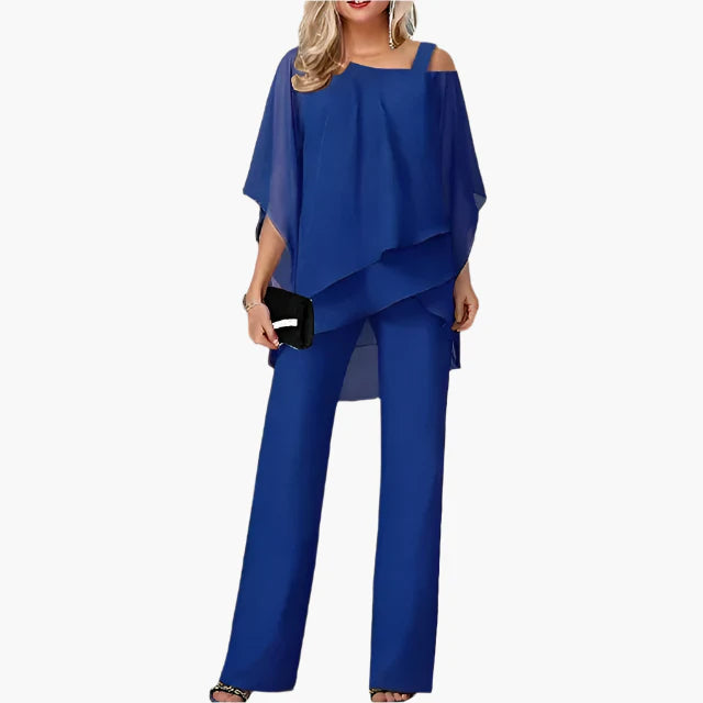 Women's Elegant Off-Shoulder Chiffon Pants Set – Modern Formal Occasion Outfit