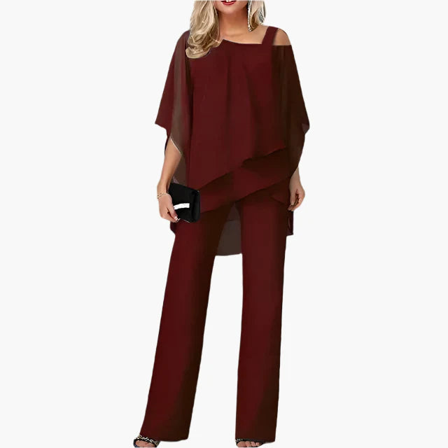 Women's Elegant Off-Shoulder Chiffon Pants Set – Modern Formal Occasion Outfit