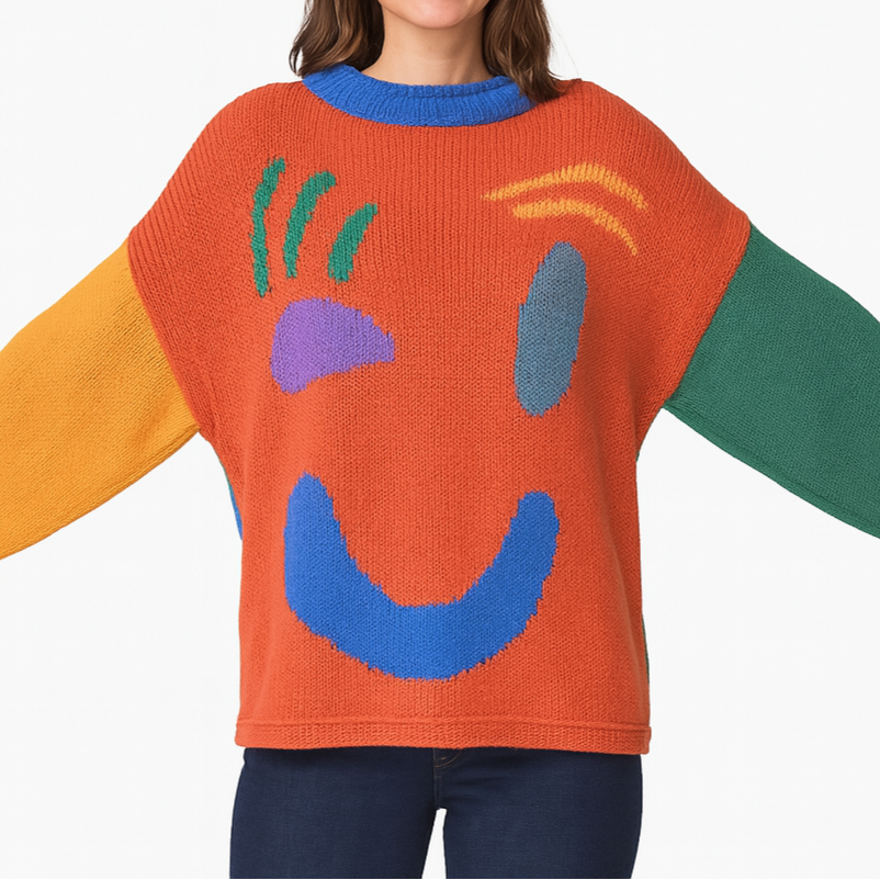 Women's Smiley Face Oversized Knit Jumper – Playful Casual Sweater for Everyday Comfort