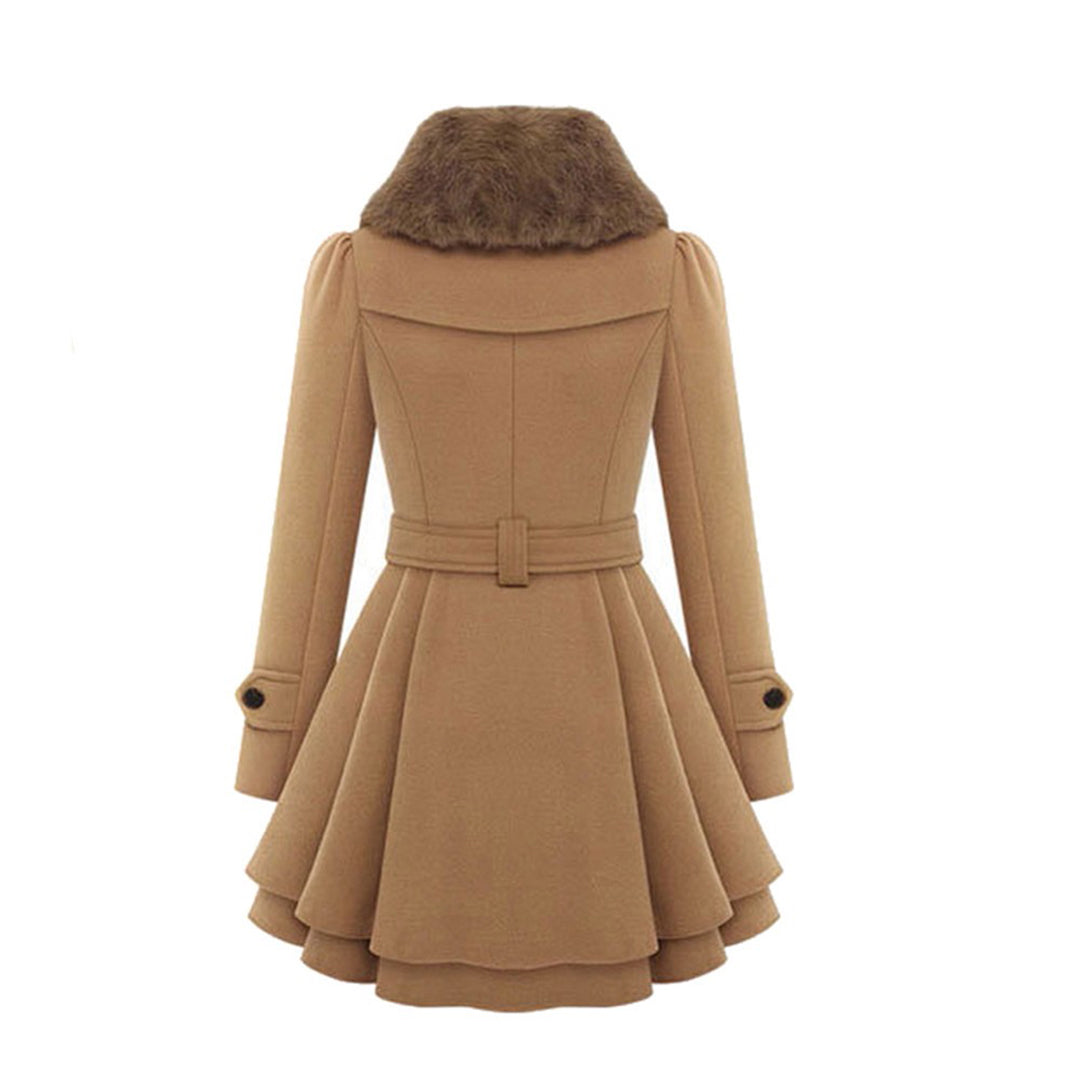 Women's Elegant Winter Coat with Faux Fur Collar – Double-Breasted Flared Long Overcoat