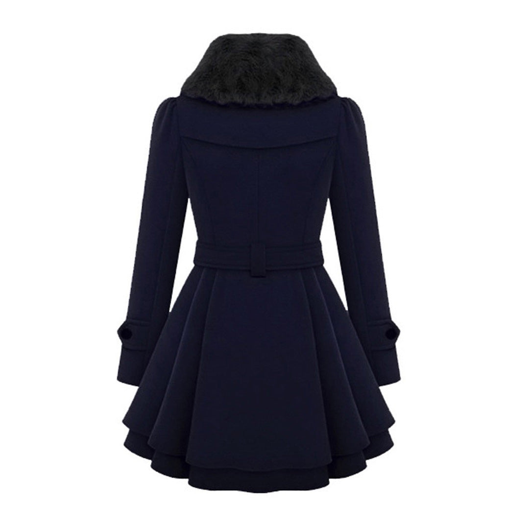 Women's Elegant Winter Coat with Faux Fur Collar – Double-Breasted Flared Long Overcoat