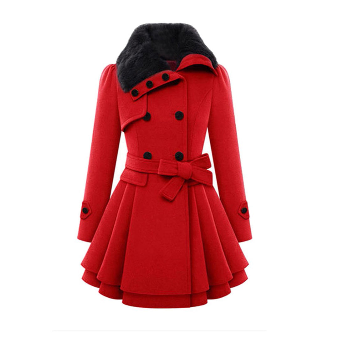 Women's Elegant Winter Coat with Faux Fur Collar – Double-Breasted Flared Long Overcoat