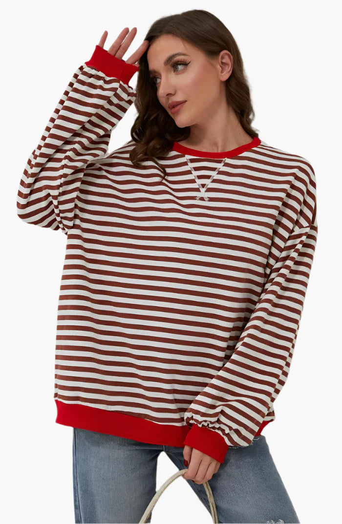Women's Oversized Striped Fall Sweater – Casual Relaxed Fit Pullover for Layering and Everyday Comfort
