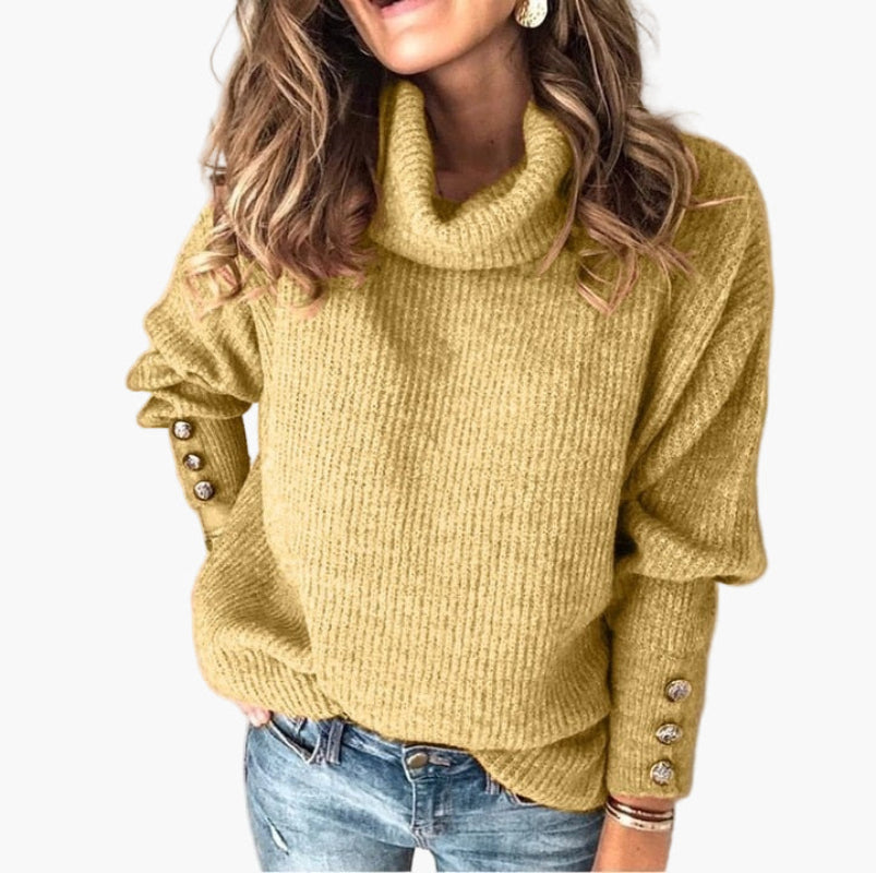 Women's Cozy Turtleneck Pullover Sweater with Button Sleeve Design for Casual Style