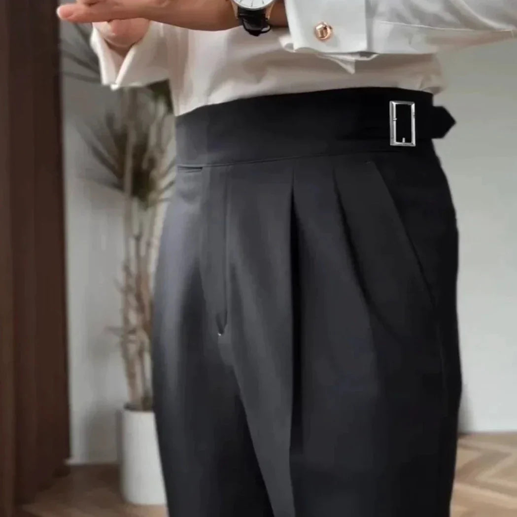 Men's High-Waisted Pleated Tailored Trousers for Business and Formal Wear