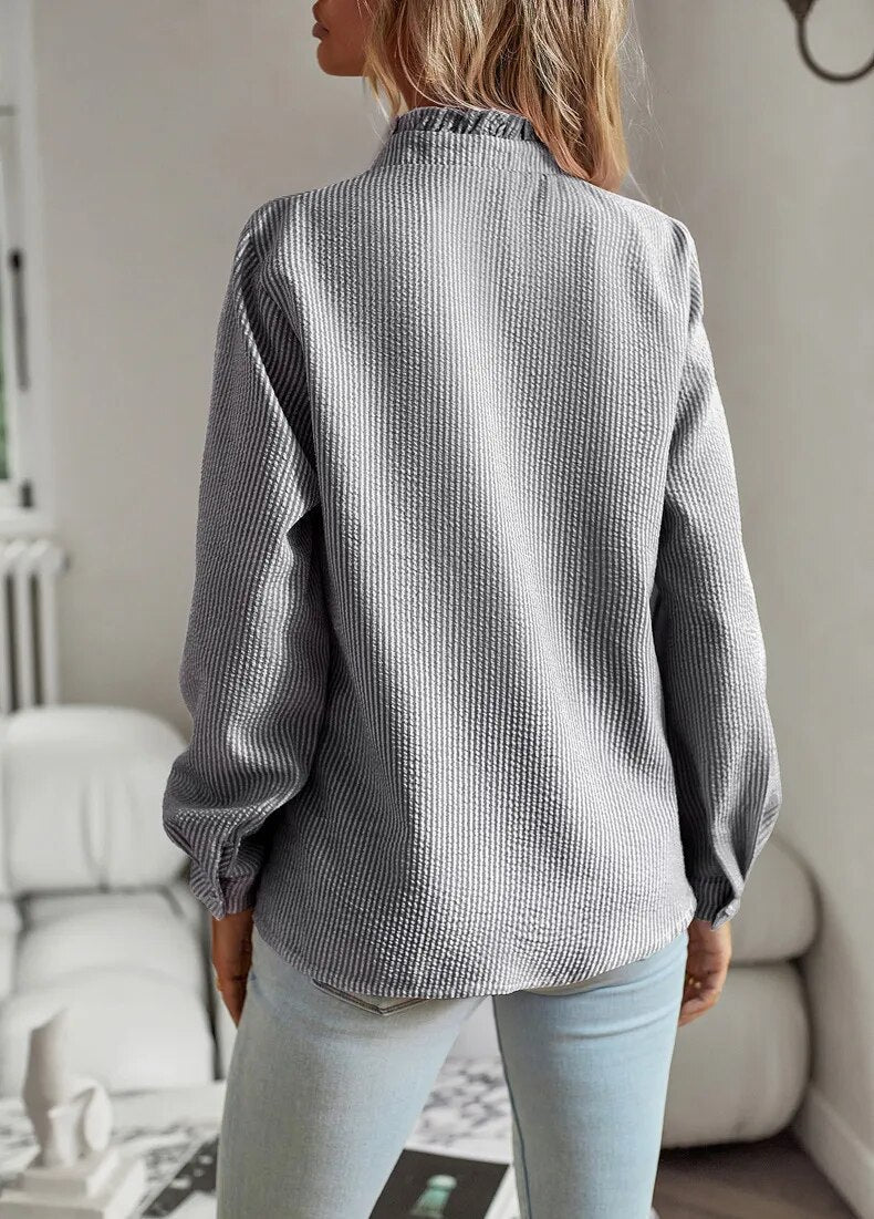 Women's Long Sleeve Button-Down Shirt – Casual Ruffle Blouse Top