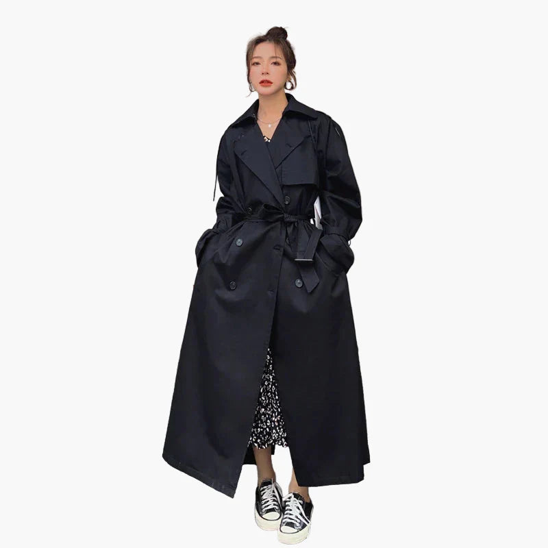 Women's Long Oversized Trench Coat – Double-Breasted Classic Style – Casual & Business Outerwear