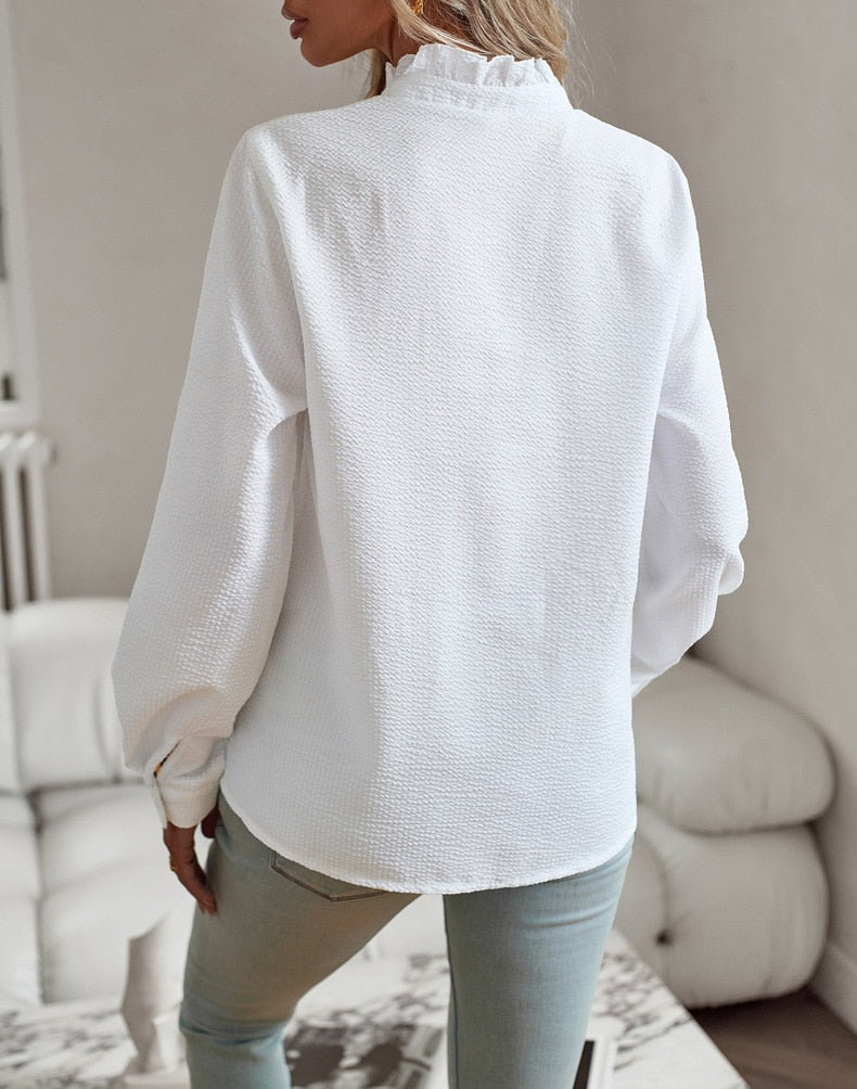 Women's Long Sleeve Button-Down Shirt – Casual Ruffle Blouse Top