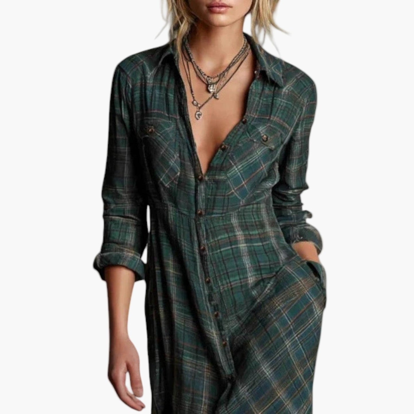 Women's Plaid Shirt Maxi Dress Casual Elegant Long Sleeve Button Down