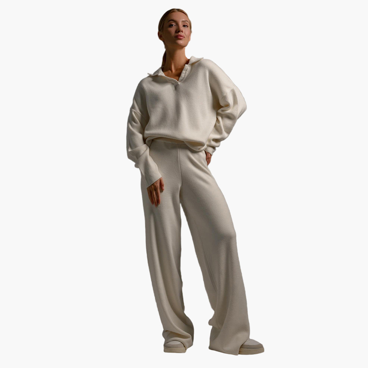 Women's Loungewear Set - Knitted Oversized Collar Sweater and Wide-Leg Pants - Casual Comfort Outfit