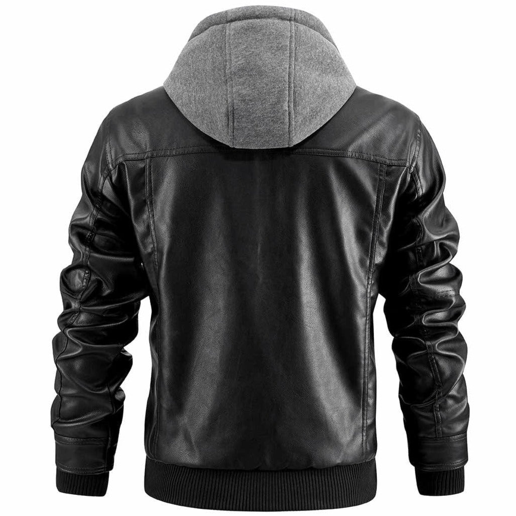 Men's Hooded Vegan Leather Jacket – Casual Street Style Motorcycle Outerwear