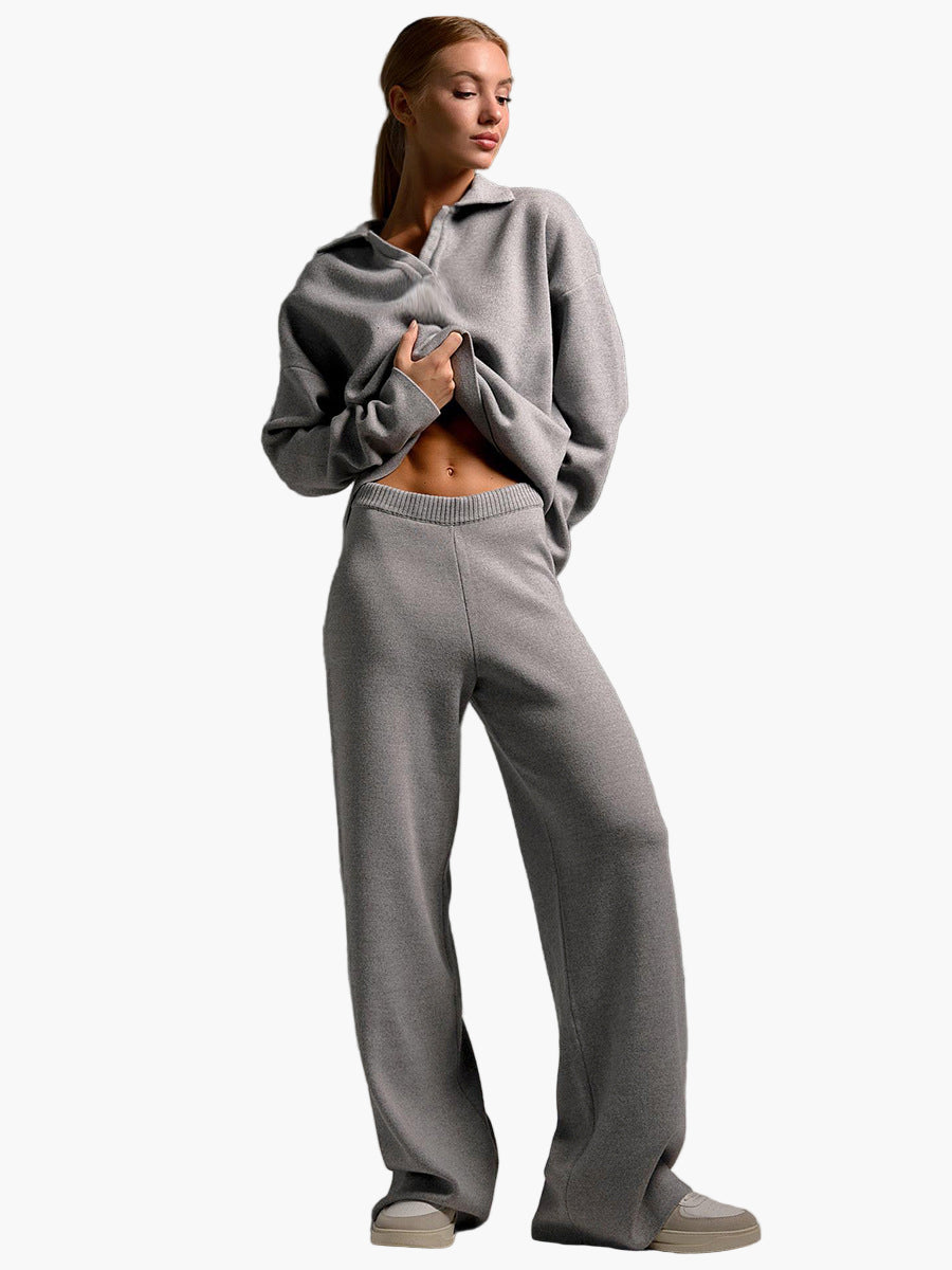 Women's Loungewear Set - Knitted Oversized Collar Sweater and Wide-Leg Pants - Casual Comfort Outfit