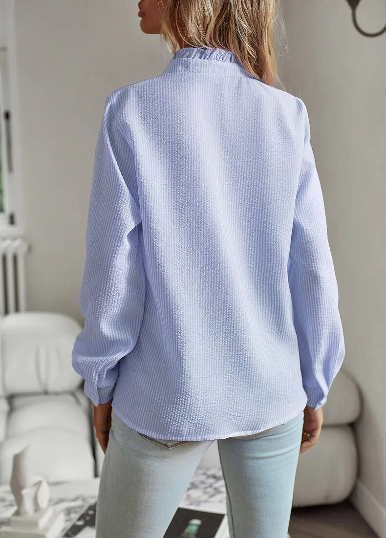 Women's Long Sleeve Button-Down Shirt – Casual Ruffle Blouse Top