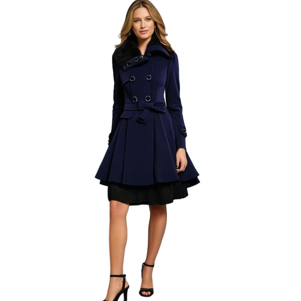 Women's Elegant Winter Coat with Faux Fur Collar – Double-Breasted Flared Long Overcoat