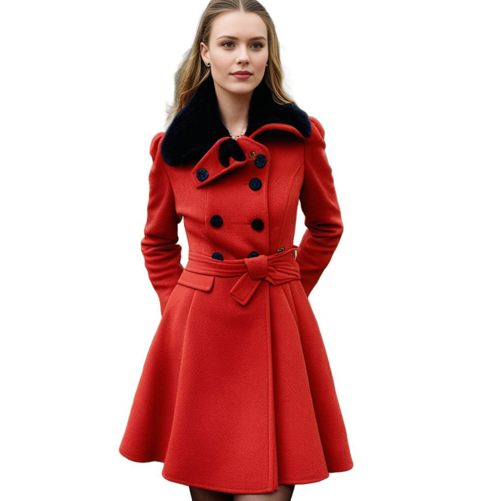 Women's Elegant Winter Coat with Faux Fur Collar – Double-Breasted Flared Long Overcoat