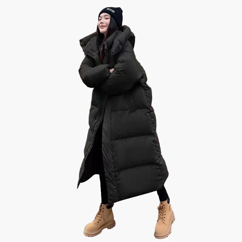 Women's Long Puffer Coat with Hood - Relaxed Fit, Windproof, Casual Winter Outerwear