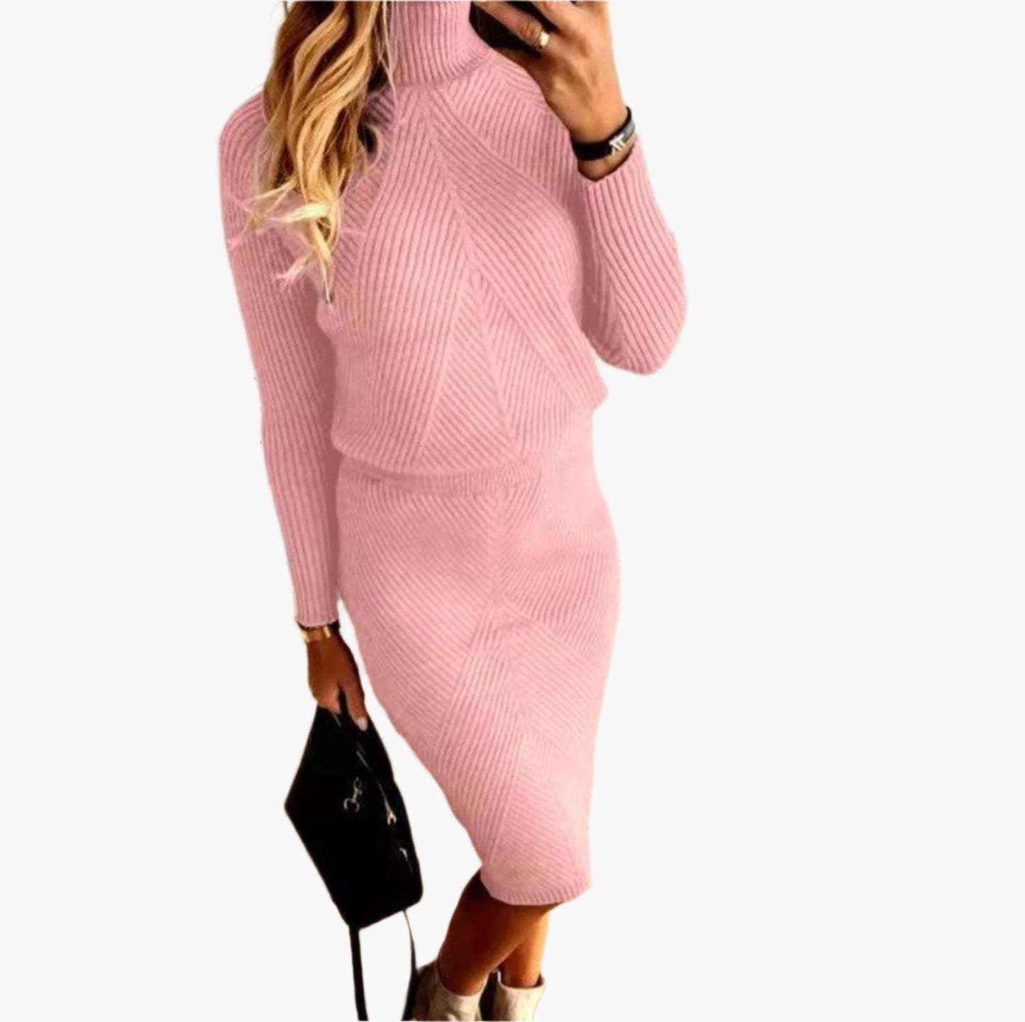 Women's Elegant Knitted Turtleneck Sweater Dress Set – Casual Chic Two-Piece Outfit